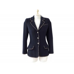 NEUF VESTE CINTREE CHANEL P37347 36 34 XS LAINE BLEUE BORDURE DOREE JACKET 4200€