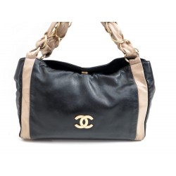 SAC A MAIN CHANEL POLOCHON 30 CM CUIR NOIR ET BEIGE LOGO CC HAND BAG PURSE 2540€