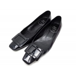 CHAUSSURES ROGER VIVIER BELLE 38 ESCARPINS EN CUIR VERNI BLEU NUIT SHOES 520€