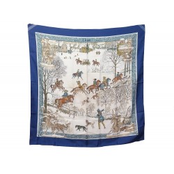 FOULARD HERMES L HIVER PHILIPPE LEDOUX CARRE SOIE BLEU BLANC BLUE SILK SCARF