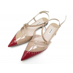 NEUF CHAUSSURES MIU MIU 38.5 SANDALES EN CUIR VERNI BEIGE LEATHER SHOES 550€