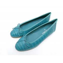 NEUF CHAUSSURES CHANEL BALLERINES G29910 38.5 CROCODILE ALIGATOR TURQUOISE 5300€