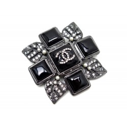 NEUF BROCHE CHANEL CROIX GRIPOIX PERLE RESINE NOIRE STRASS BLACK BROOCH 820€