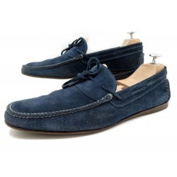 CHAUSSURES HERMES 44 MOCASSINS EN VEAU VELOURS BLEU + SAC BLUE SUEDE SHOES 530€