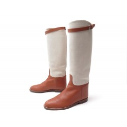 CHAUSSURES HERMES 38 BARDIGIANO BOTTES CAVALIERES EN TOILE & CUIR BOOTS 1500€