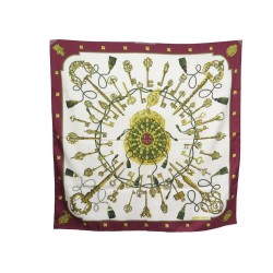 VINTAGE FOULARD HERMES LES CLES EN SOIE BORDEAUX CARRE 90 CM SILK SCARF RED 360€