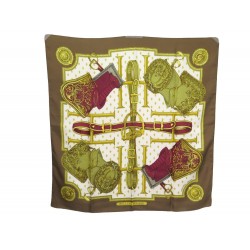 FOULARD HERMES SELLES A HOUSSE 1ERE EDITION 1968 EN SOIE MARRON CARRE SCARF 360€