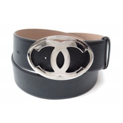 CEINTURE CHANEL LOGO CC T 95 EN CUIR NOIR & BOUCLE METAL ARGENTE BELT BLACK 690€