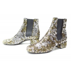 NEUF BOTTINES SAINT LAURENT 40 EN SEQUINS DORES ELASTIQUE ANKLE BOOTS NEW 1250€