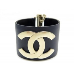 NEUF BRACELET CHANEL MANCHETTE LOGO CC T17 CUIR BLEU INTERLOCKING CC CUFF 650€