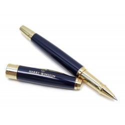 NEUF STYLO HARRY WINSTON ROLLERBALL EN RESINE BLEU & DORE + 3 CRAYONS PAPIER PEN