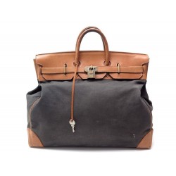 SAC DE VOYAGE A MAIN HERMES BIRKIN HAUT A COURROIES TOILE ET CUIR 