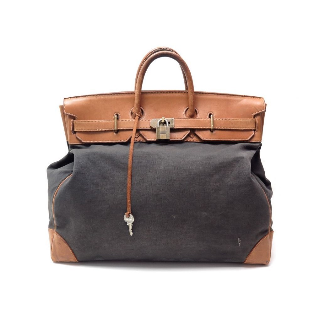 Hermes 50cm Fauve Barenia Leather & Toile HAC Birkin Bag with