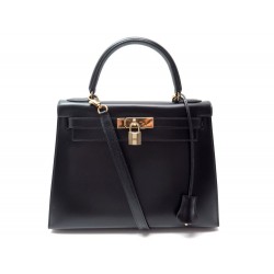 NEUF SAC A HERMES KELLY 28 SELLIER 1993 EN CUIR BOX NOIR BANDOULIERE BAG 7300€