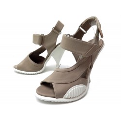 NEUF CHAUSSURES PRADA 38 SANDALES A TALONS EN TOILE TAUPE SHOES PUMP CANVAS 630€