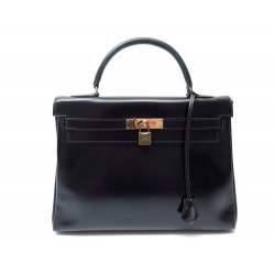 VINTAGE SAC A MAIN HERMES KELLY 32 RETOURNE EN CUIR BOX NOIR BLACK PURSE 7500€