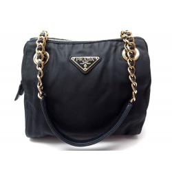 SAC A MAIN PRADA TOILE NYLON NOIRE ANSES CHAINE 