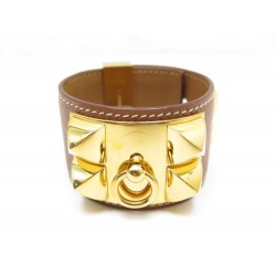 BRACELET MANCHETTE HERMES COLLIER DE CHIEN MEDOR T S CUIR EPSOM GOLD CUFF 975€