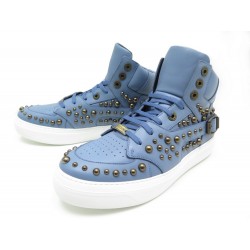 NEUF CHAUSSURES JIMMY CHOO RUBEN CLOUTE BASKETS 41.5 EN CUIR BLEU SNEAKERS 995€