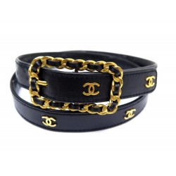 CEINTURE CHANEL BOUCLE CHAINE ENTRELACEE LOGO CC T 75 CUIR NOIR BELT BLACK 1210€