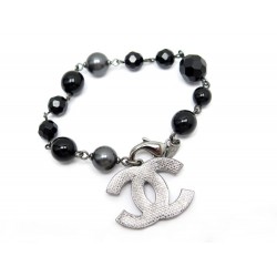 NEUF BRACELET CHANEL PERLES NOIRES & LOGO CC T 17 EN METAL ARGENTE BOITE 680€