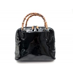 SAC A MAIN GUCCI BAMBOO 1274 0290 EN CUIR NOIR VERNI HAND BAG TOTE BAG 1200€