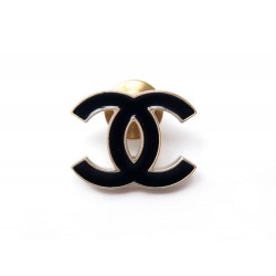 NEUF BROCHE CHANEL PIN'S LOGO CC EN METAL DORE ET LAQUE NOIRE GOLDEN BROOCH 530€