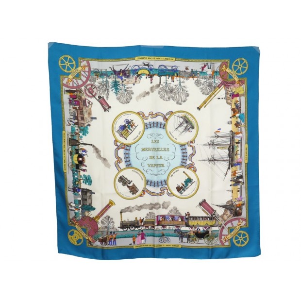 FOULARD HERMES LES MERVEILLES DE LA VAPEUR CARRE P. LEDOUX SOIE BLEU SCARF 360€