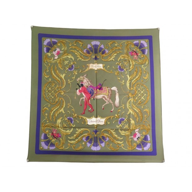 FOULARD HERMES CHEVAL TURC CARRE EN SOIE KAKI C. VAUZELLES DARK GREEN SCARF 360€