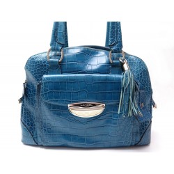 SAC A MAIN LANCEL ADJANI GM 42 CM CUIR FACON CROCO BLEU LEATHER HAND BAG 1360€