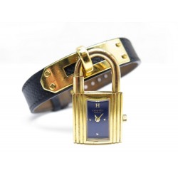 MONTRE HERMES KELLY CADENAS & BRACELET CUIR BLEU QUARTZ PLAQUE OR WATCH 2200€