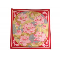 NEUF FOULARD HERMES FLEURS DE LOTUS CARRE SOIE ROUGE VAUZELLES SILK SCARF 360€