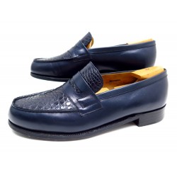 NEUF CHAUSSURES JM WESTON 180 BI MATIERE CROCO & CUIR 8D 42 MOCASSINS BLEU 1885€