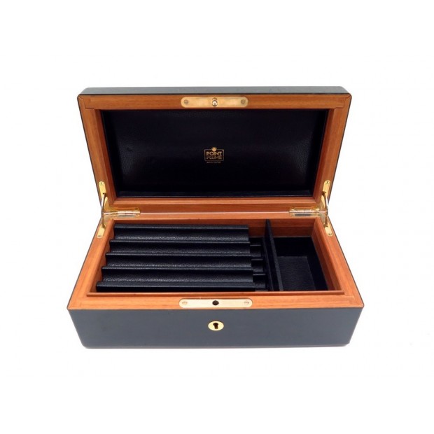 COFFRET ELIE BLEU POUR POINT PLUME BOITE RANGE 8 STYLOS BOIS LAQUE NOIR PEN CASE