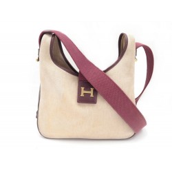 VINTAGE SAC A MAIN HERMES TSAKO BOUCLE H TOILE & CUIR BEIGE BORDEAUX PURSE 2500€