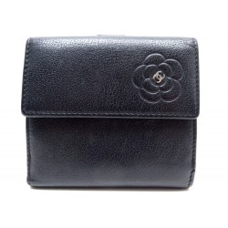 NEUF PORTEFEUILLE CHANEL CAMELIA EN CUIR CAVIAR NOIR PORTE MONNAIE WALLET 650€