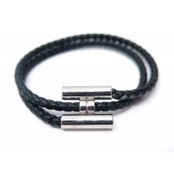 BRACELET HERMES TOURNIS CORDON TRESSE T16.5 NOIR & ACIER PALLADIE STEEL 350€