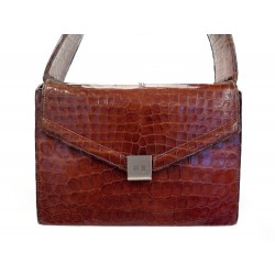 VINTAGE RARE SAC A MAIN HERMES A TIROIR SECRET EN CUIR DE CROCODILE MARRON PURSE