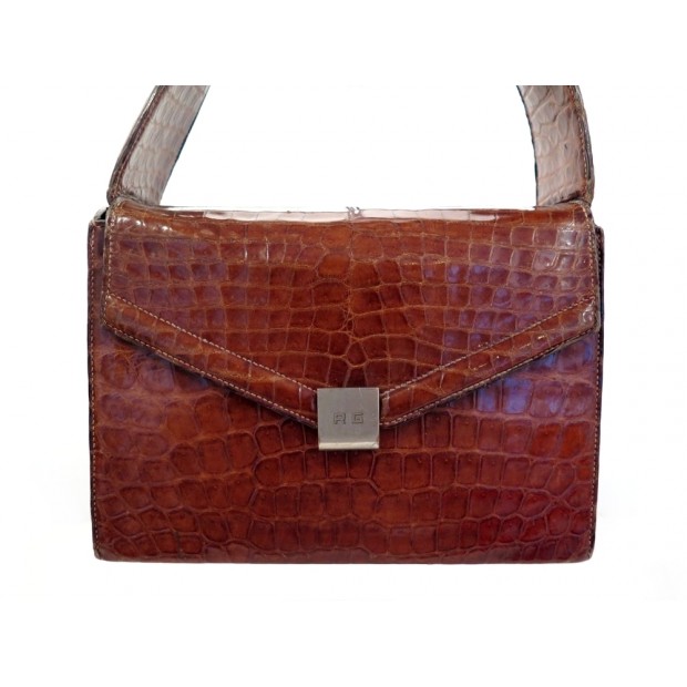 VINTAGE RARE SAC A MAIN HERMES A TIROIR SECRET EN CUIR DE CROCODILE MARRON PURSE