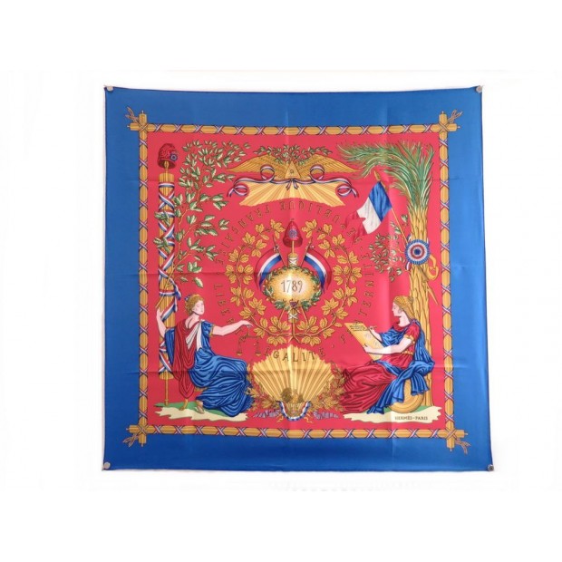 NEUF FOULARD HERMES 1789 LIBERTE EGALITE FRATERNITE SOIE BLEU CARRE 90 CM 360 