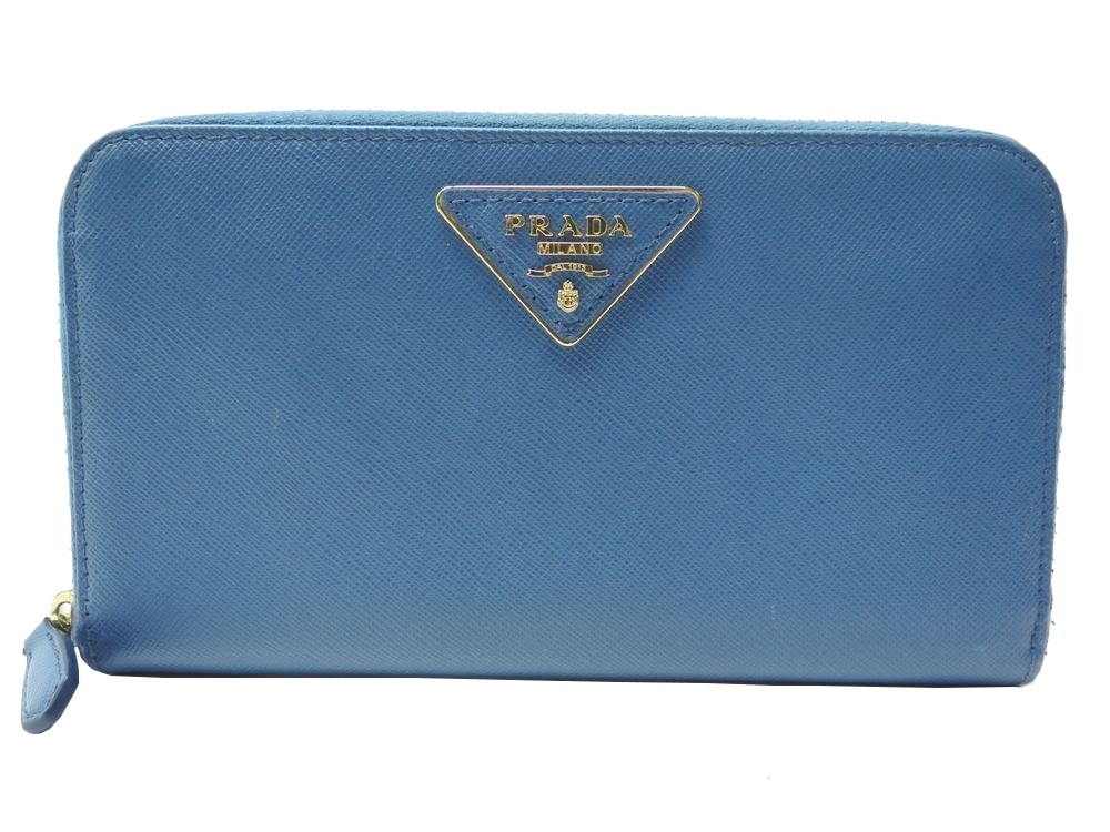 portefeuille prada long en cuir saffiano bleu porte