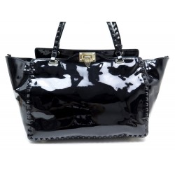 NEUF SAC A MAIN VALENTINO ROCKSTUD TOTE PATENT MEDIUM CUIR VERNI NOIR BAG 1890€