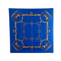 NEUF FOULARD CELINE CARRE ETRIERS & MORS EN SOIE BLEU & DORE SILK SCARF 380€