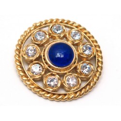 NEUF BROCHE CHANEL RONDE EN METAL DORE PIERRE BLEUE & STRASS BROOCH 590€