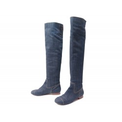 BOTTES HAUTES CHANEL 38.5 EN TOILE DENIM JEAN LOGO CC CANVAS HIGH BOOTS 1150€