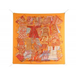 FOULARD HERMES VOYAGE EN ETOFFES ANNIE FAIVRE 2009 SOIE ORANGE CARRE SCARF 360€