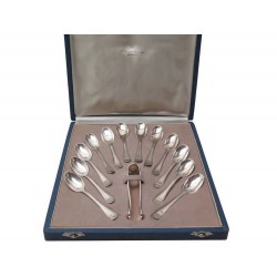 COFFRET SERVICE 12 CUILLERES + PINCE A SUCRE ARGENT MASSIF PUIFORCAT ART DECO 