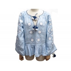 NEUF TUNIQUE MARCH 11 II ZARINA S 36 BLOUSE BRODERIES EN LIN BLEU LINEN TOP 580€