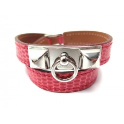 NEUF BRACELET HERMES RIVALE CUIR LEZARD LISSE BOUGAINVILLIER 