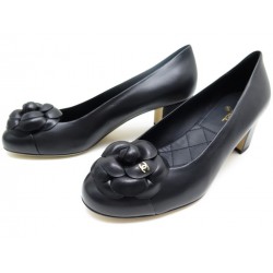 NEUF CHAUSSURES CHANEL ESCARPINS CAMELIA G31545 38.5 CUIR NOIR PUMP SHOES 790€